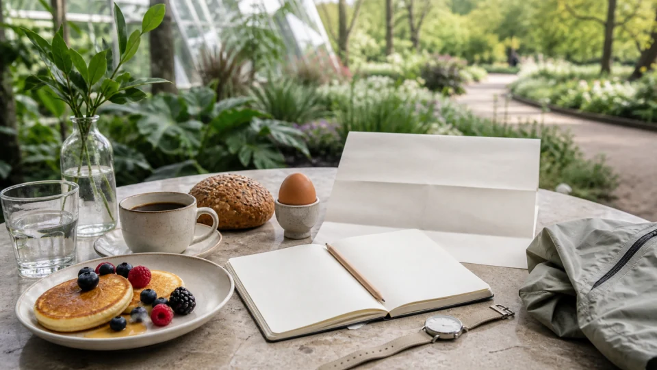 Editorial breakfast table with pancakes, a roll, egg, blank garden map, notebook, watch and rain layer beside generic greenery.