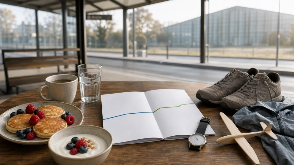 Editorial breakfast table with pancakes, yogurt, blank route worksheet, watch, walking shoes, jacket and a small wooden glider.