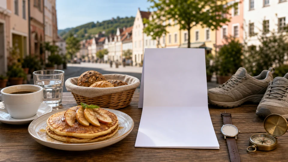 Editorial breakfast with apple pancakes, bread, coffee, blank route sheet, watch, walking shoes and compass near generic old-town scenery.