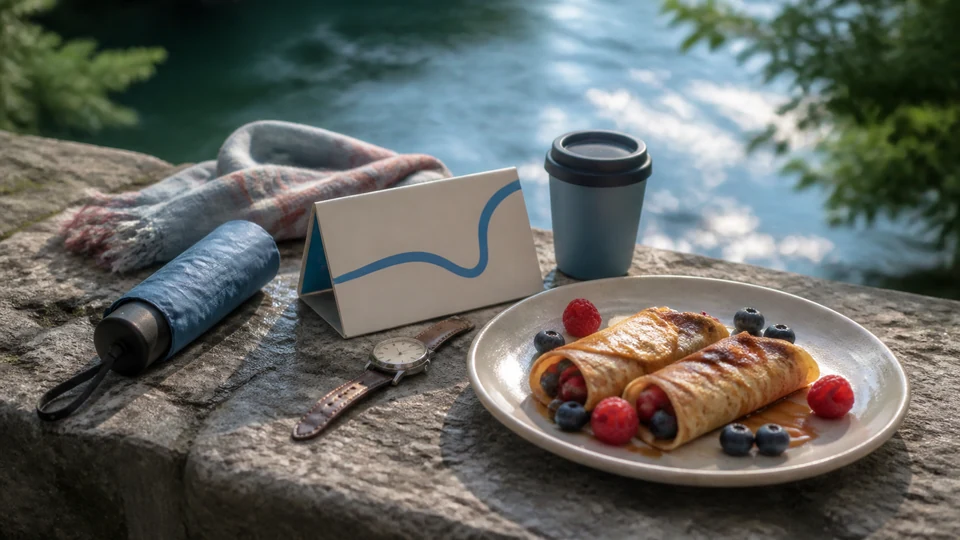 Rolled berry pancakes and unmarked arrival-planning objects beside a generic riverside setting