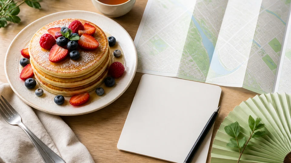 Pancakes with berries and tea beside a folded park map, blank itinerary and pale paper fan.
