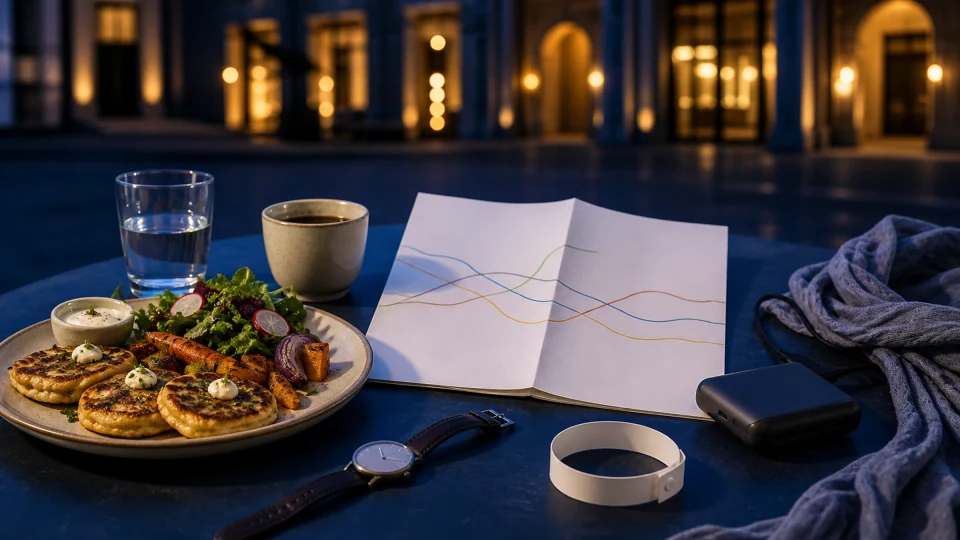Editorial early dinner with savory pancakes, salad, blank five-line route sheet, watch, blank wristband, power bank and scarf.