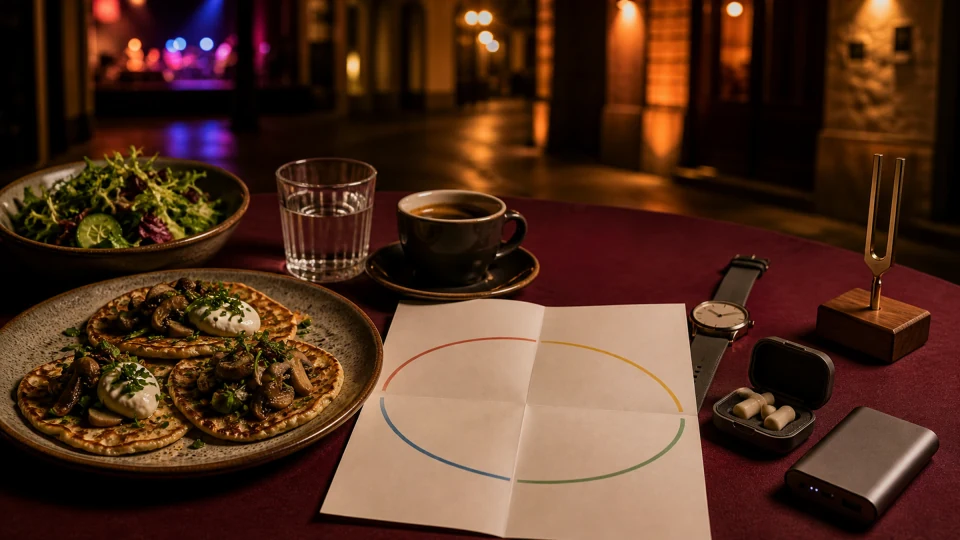 Editorial night meal with mushroom pancakes, salad, blank four-line route sheet, watch, earplugs, power bank and tuning fork.