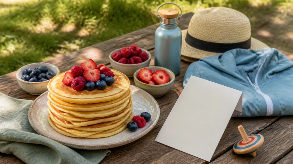 Pancakes, berries and unmarked family day-planning items on a generic leafy picnic table