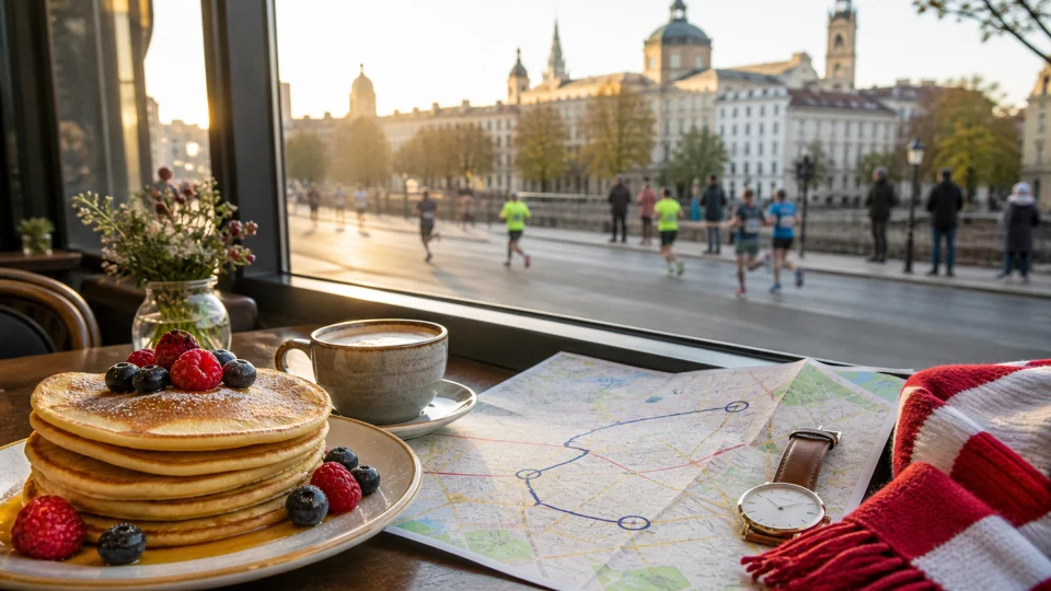 Editorial breakfast table with pancakes, coffee, a generic route map and scarf as distant runners pass a Munich streetscape.