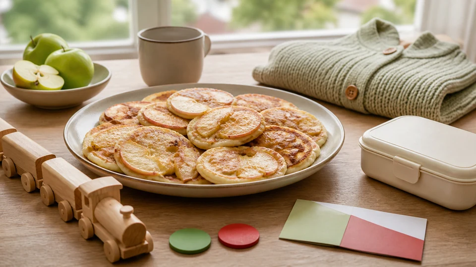 Apple pancakes, a wooden toy train and unmarked family transit-planning objects by a window