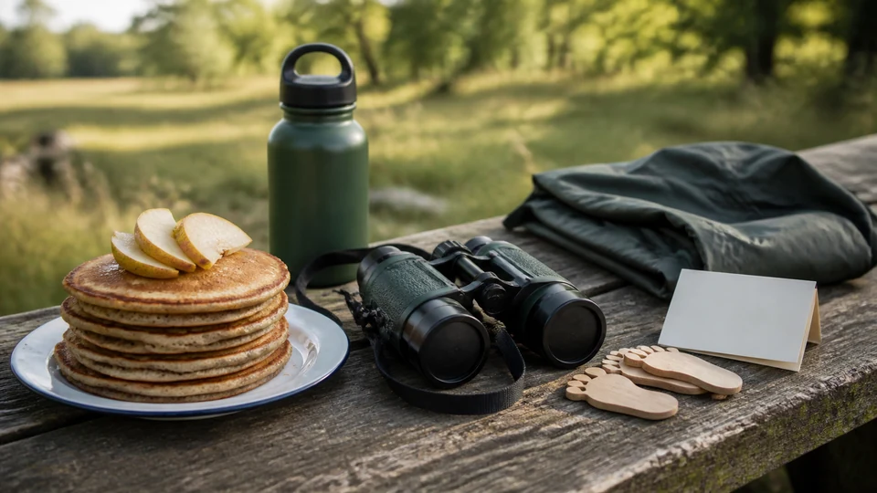 Pear pancakes, binoculars and unmarked outdoor day-trip objects on a generic woodland bench