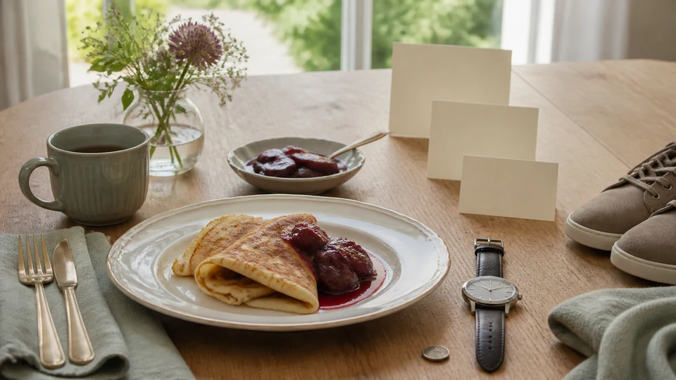 Folded pancakes, three blank visit cards and day-trip objects on a generic breakfast table
