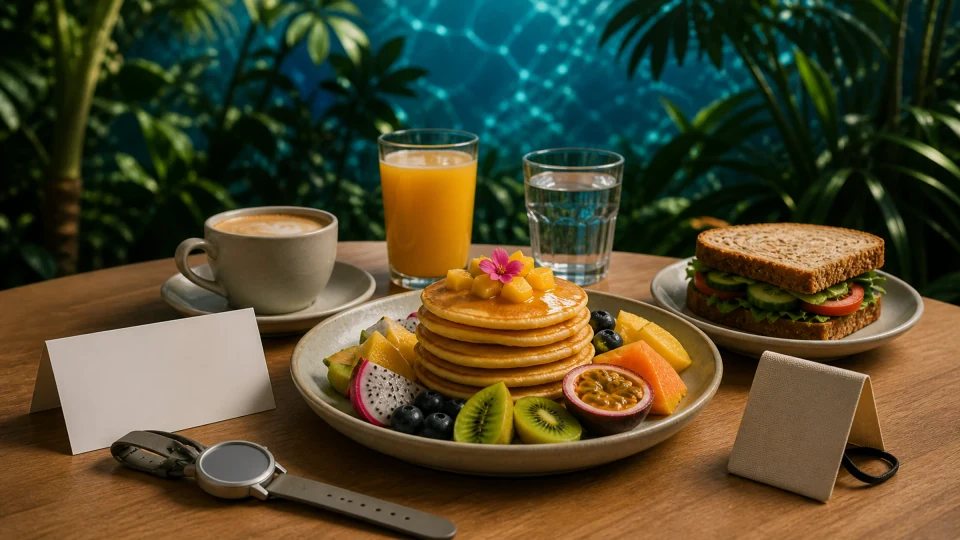Editorial tropical breakfast table with pancakes, fruit, a sandwich, drinks, blank booking cards and a plain watch.
