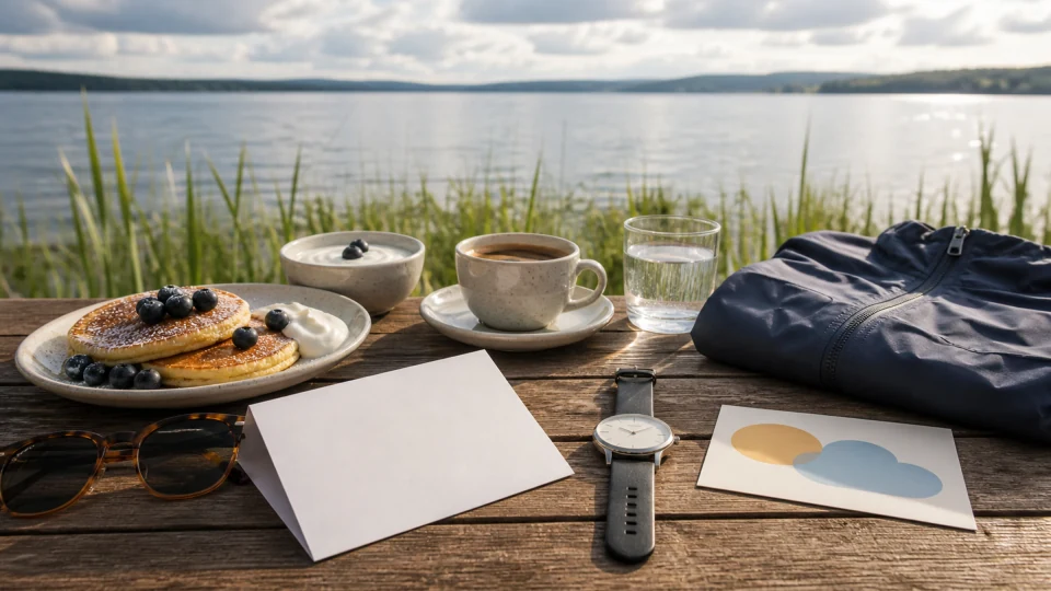Editorial lakeside breakfast with pancakes, yogurt, coffee, blank timetable, watch, rain jacket, sunglasses and abstract weather card.