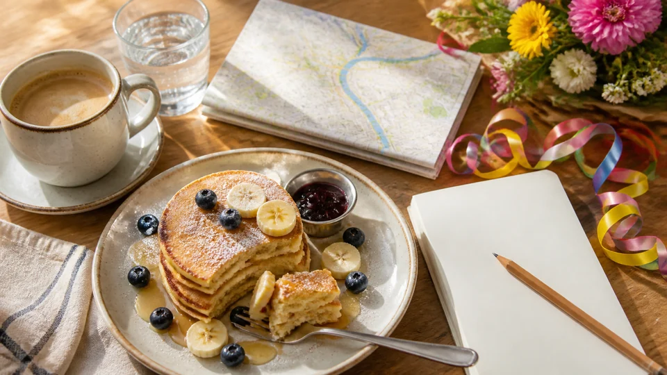 Pancake breakfast beside a folded city map, blank itinerary, flowers and carnival ribbons.