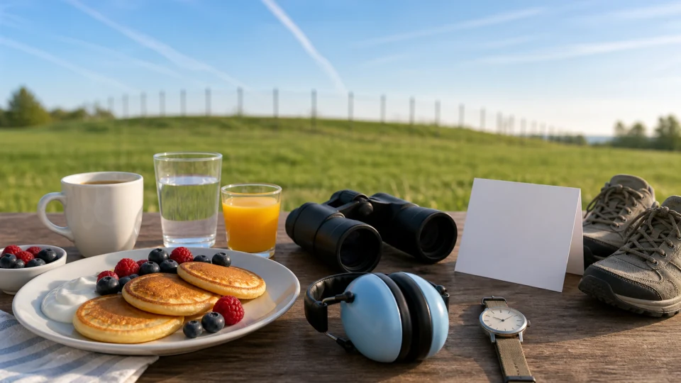 Editorial family breakfast with pancakes, juice, binoculars, hearing protectors, blank route card, watch and walking shoes.