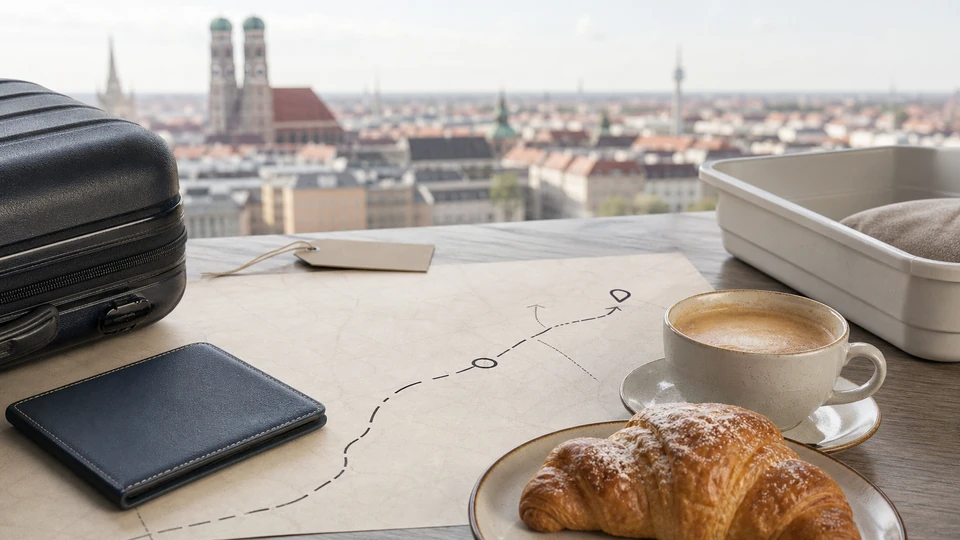 Editorial Munich route-planning scene for Munich Airport Layover: When a City Breakfast Trip Is Realistic, with a breakfast cue and neutral city context.