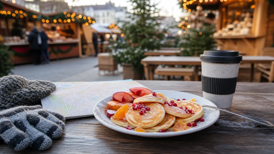 Editorial Munich route-planning scene with a breakfast cue and neutral city context.