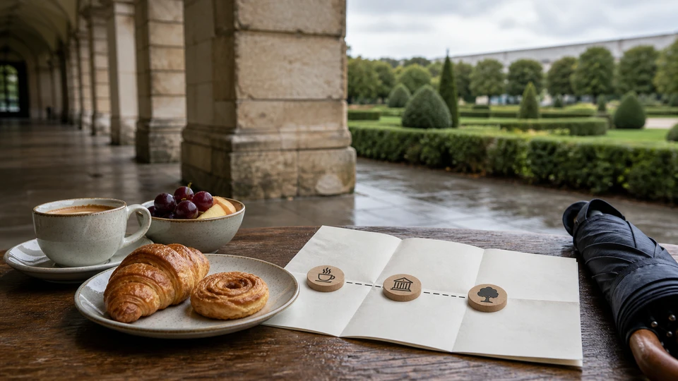 Breakfast itinerary scene with three route markers, a folded umbrella, stone arcade and formal garden.