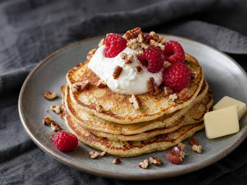 Close detail of the golden almond-flour pancake edges with raspberries and pecans