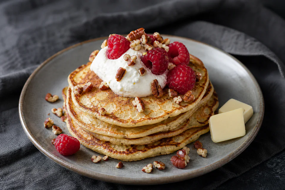 Finished almond-flour pancakes with raspberries, pecans, whipped cream, and butter
