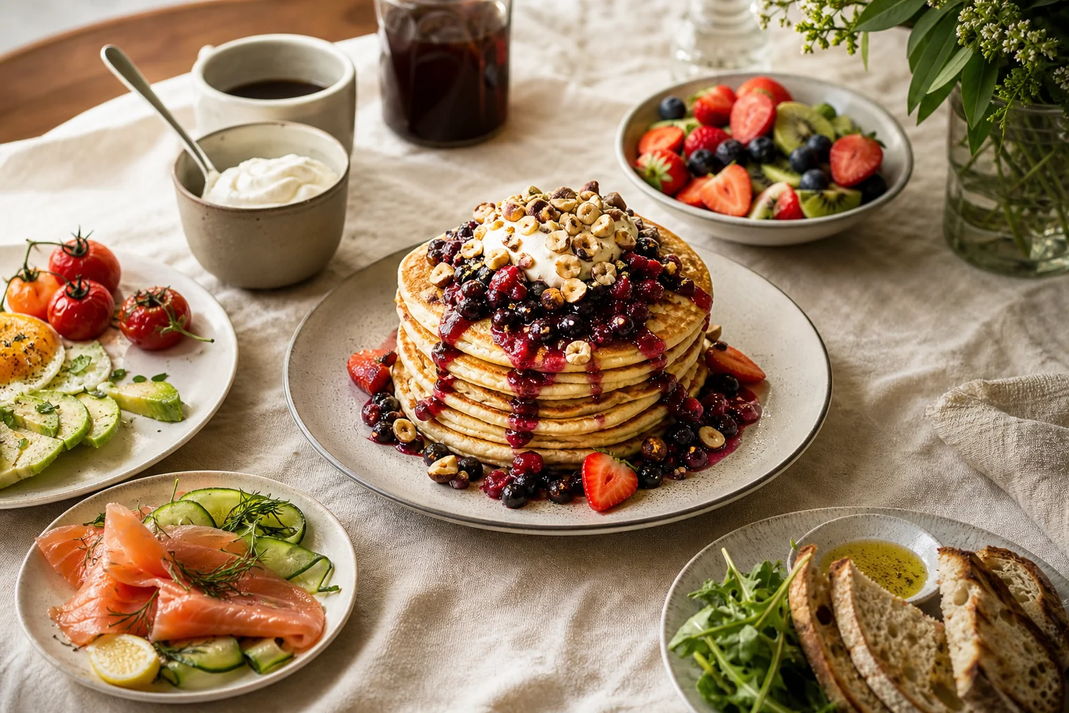 Finished brunch entertaining table centred on berry pancakes with complementary dishes