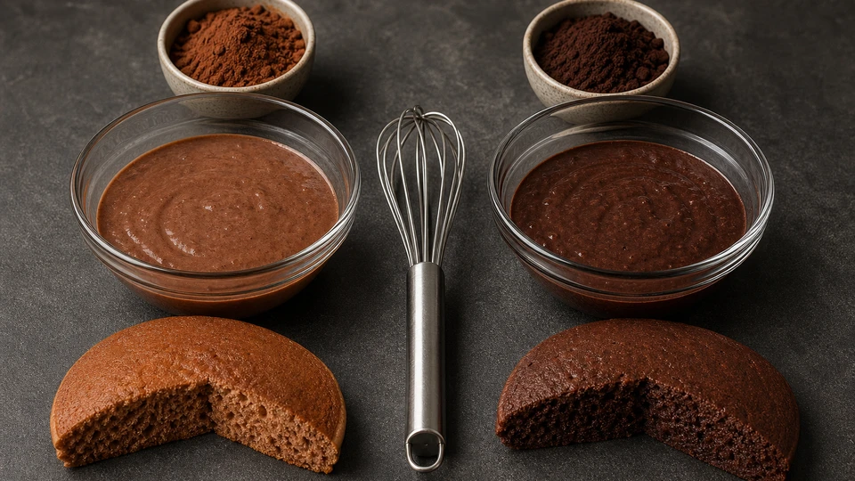 Planning image for Natural vs Dutch-Process Cocoa in Pancake Batter, showing a controlled ingredient/process setup for natural vs dutch-process cocoa in pancake batter, showing only the relevant unbranded ingredients, tools and one clear before/after or side-by-side variable.