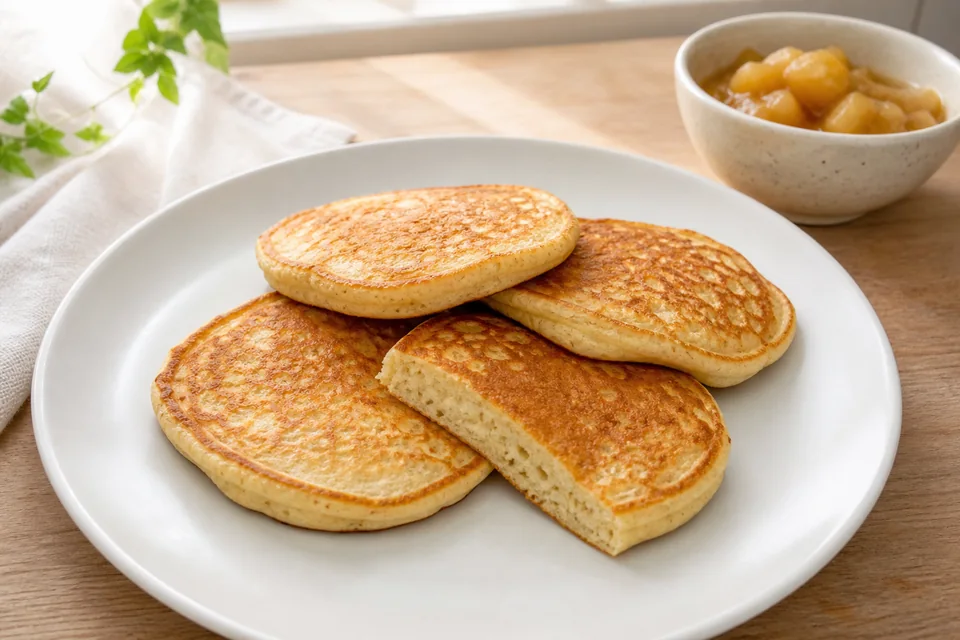 Four golden no-milk pancakes on a white plate, with one cut open and apple compote served alongside.