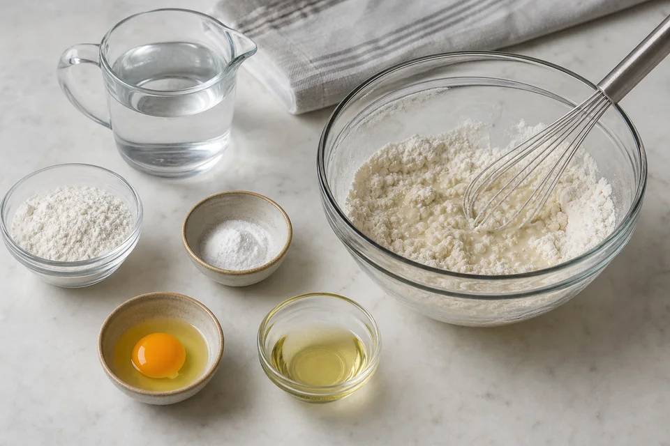 A no-milk pancake setup with water, flour, baking powder, egg, oil, and a bowl of partly mixed batter.