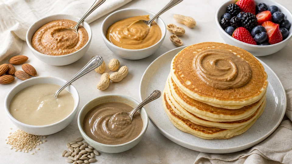 Planning image for Nut and Seed Butters as Pancake Toppings, showing a controlled ingredient/process setup for nut and seed butters as pancake toppings, showing only the relevant unbranded ingredients, tools and one clear before/after or side-by-side variable.