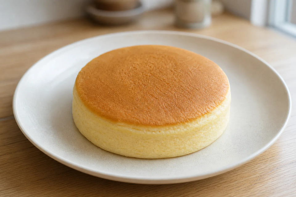 One plain finished Japanese souffle pancake on a ceramic plate.