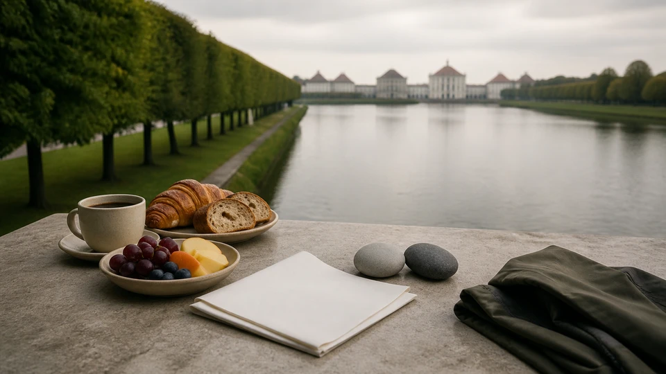 Breakfast and grounds-planning scene with two stone markers, a rain shell, tree-lined water and pale palace context.