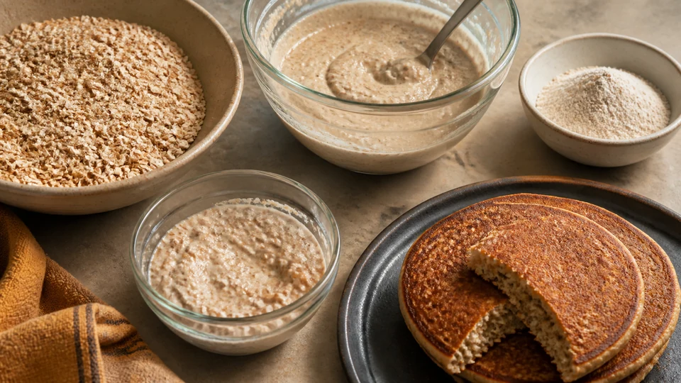 Coarse oat bran, fine oat flour, two speckled batter states and finished pancakes arranged illustratively