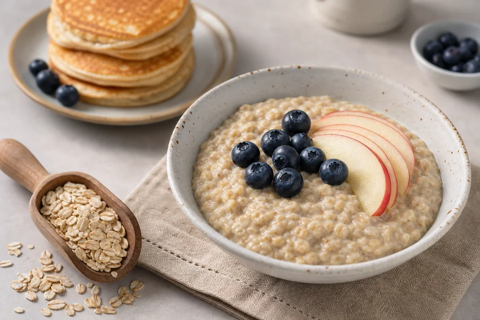 A measured bowl of cooked oatmeal with blueberries and apple beside dry rolled oats and oat pancakes.