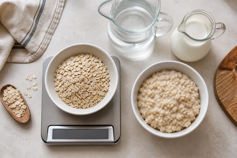 Dry rolled oats on a kitchen scale beside cooked oatmeal, water, and milk for a serving-basis comparison.