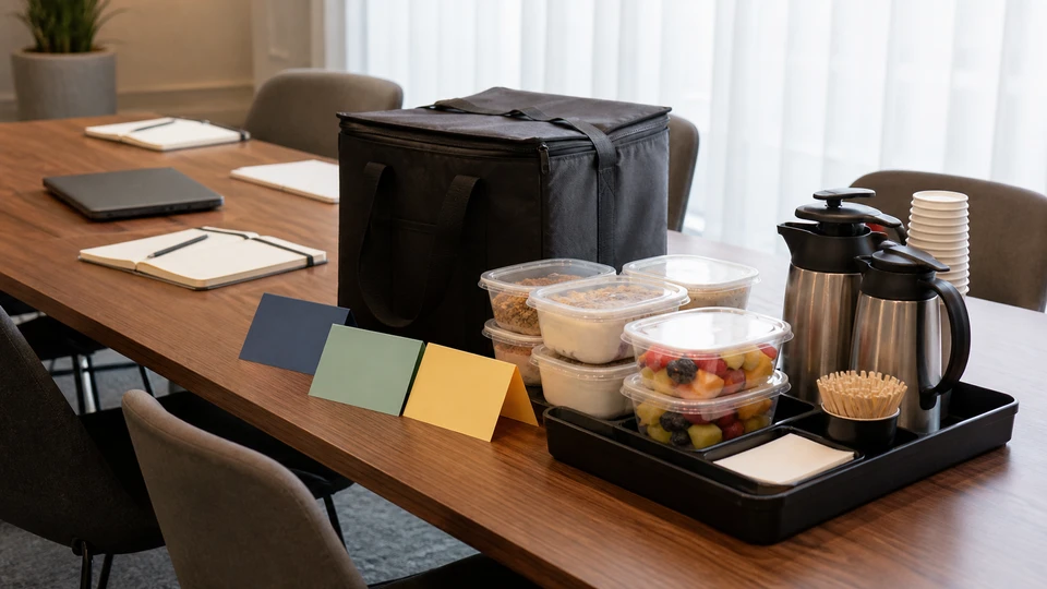 Breakfast transport containers arranged for quiet service beside a generic office meeting table