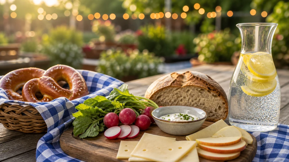 Planning image for Oktoberfest Food Planning Without Alcohol, showing a route-planning still life for oktoberfest food planning without alcohol: unbranded breakfast elements, a clean map-like path and the named public-space/transport context without identifiable private venues.