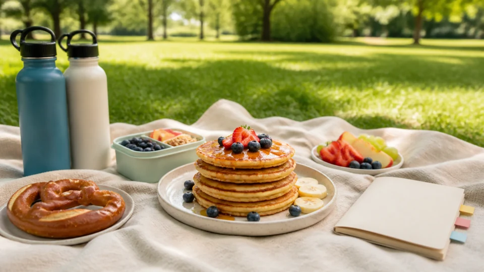 Editorial picnic still life with pancakes, pretzel, fruit, water bottles and a blank family planner on grass.