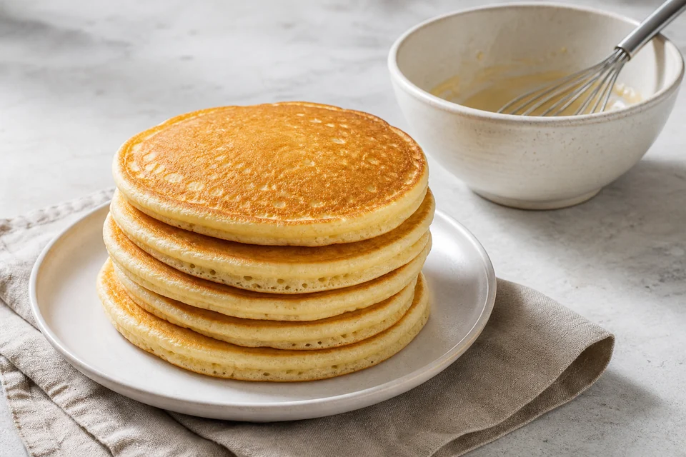 Finished pancake dish illustrating controlled pancake batter mixing