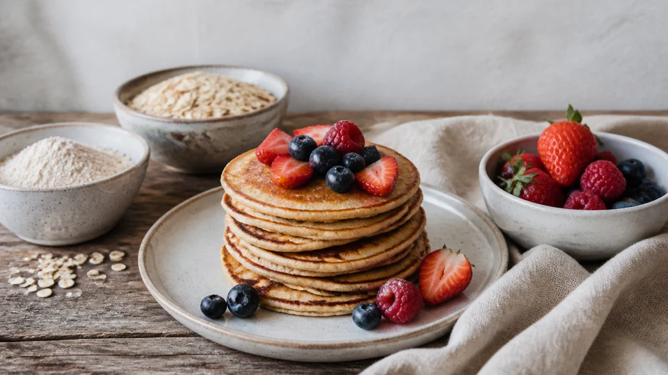 Vegan pancakes beside plainly packaged flour, plant drink and fruit with labels turned away from view
