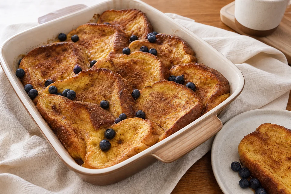 Oven-baked buttermilk French toast with golden edges and blueberries in a ceramic dish.