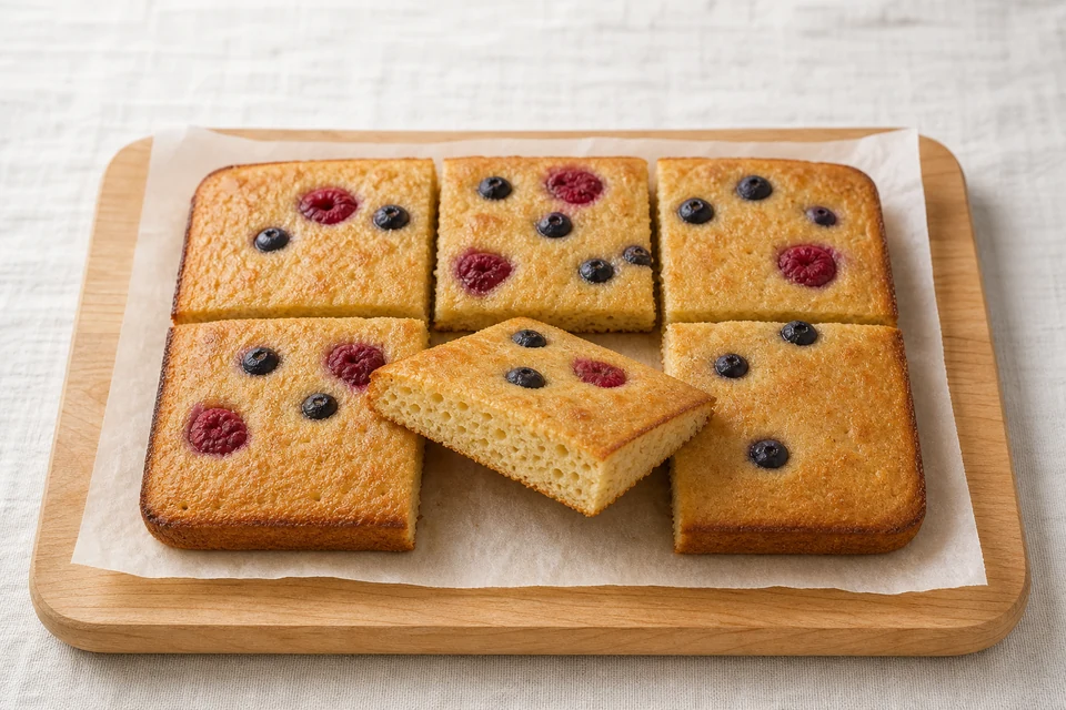 Finished oven-baked sourdough discard pancake cut into golden squares, with a visible airy centre and a few berries on top.