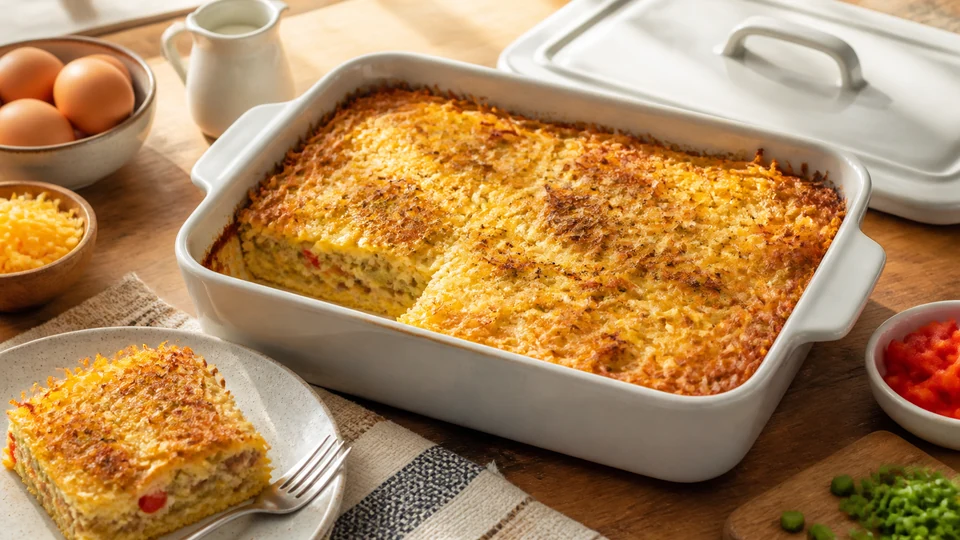 Overnight breakfast casserole with hash browns prepared for Pancakes World.