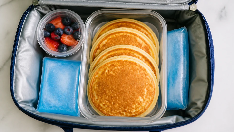 Finished pancakes packed in an insulated lunch bag with a sealed topping cup and cold packs kept separate.