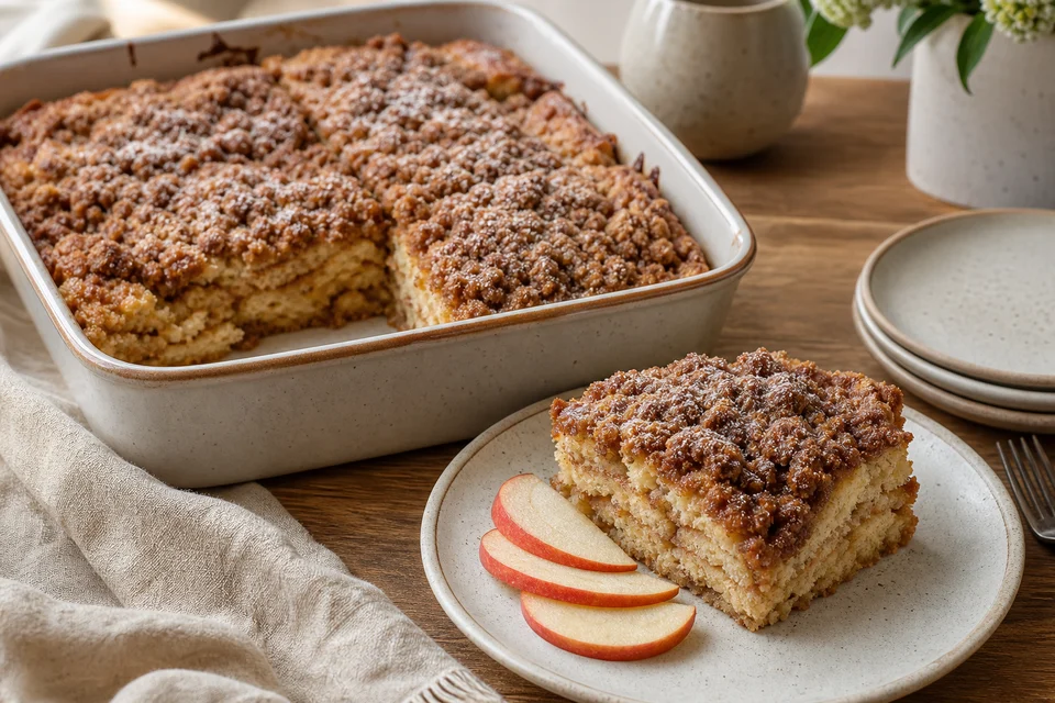 A finished cinnamon-streusel pancake bake in a rectangular dish with one square served beside sliced apple.