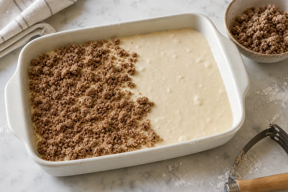 Coarse cinnamon streusel being scattered evenly over pancake batter in a baking dish.