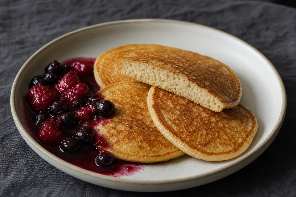 Golden no-milk pancakes with berry compote, showing a soft cut crumb and lightly crisp edges.