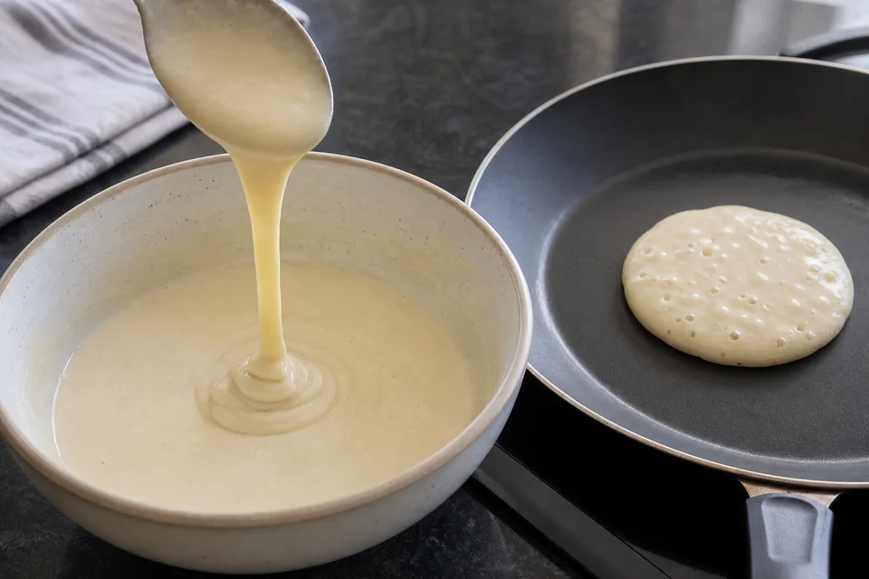 No-milk pancake batter falling from a spoon in a broad ribbon beside a small cooked tester.