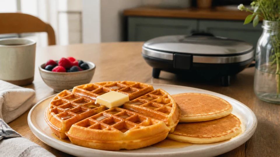 Pancake batter in waffle maker prepared for Pancakes World.