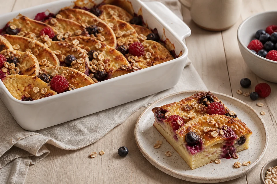 Finished berry pancake casserole with overlapping golden pancake pieces, oat crumble, and one plated square showing the set centre.