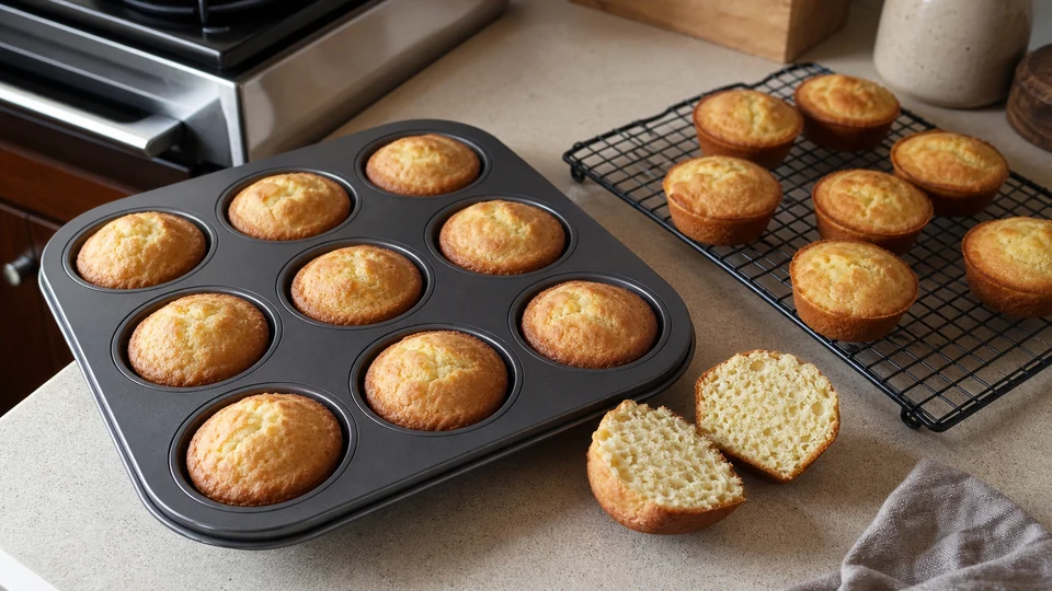 A standard muffin tin prepared for baking portioned pancake batter.