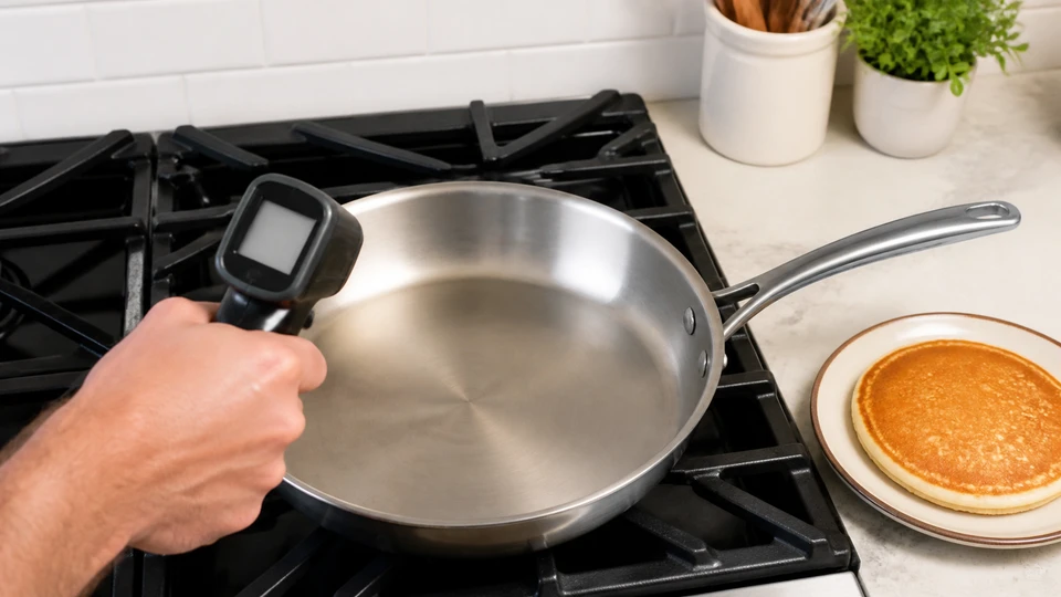 An infrared thermometer aimed at a clean pancake pan.