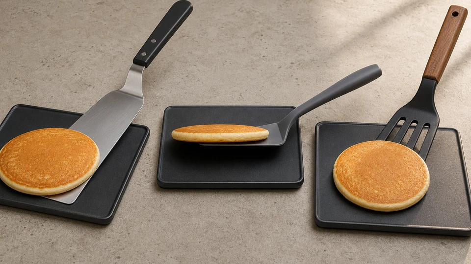 Editorial setup illustrating pancake spatulas compared by blade material and shape.
