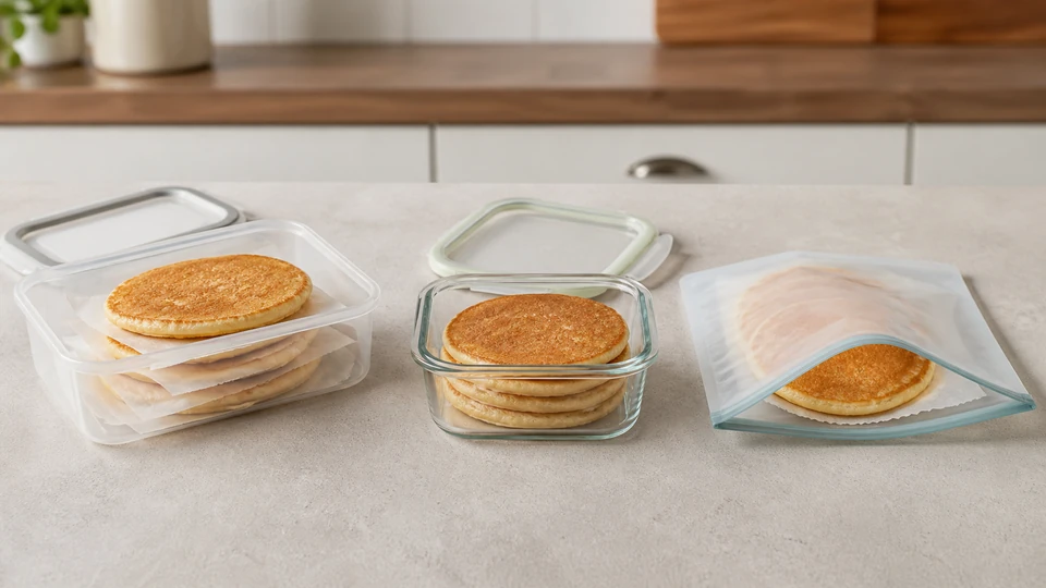 Editorial setup illustrating pancake storage container guide: function, labels and selection criteria.